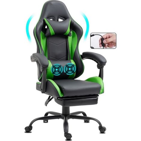 Chaise Gaming ergonomique avec repose-pieds et massage vert