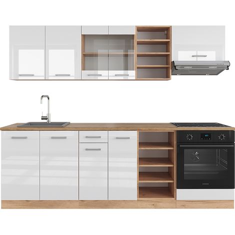 Mueble de cocina R-Line, Blanco brillo intenso/roble dorado, 240 cm , ET Roble, Vicco