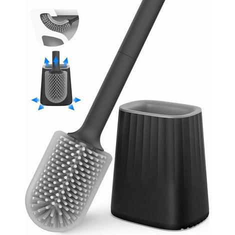 Brosse WC, Ensemble Brosse de Toilette en Silicone avec Support Mural et Support à Poser au Sol, tête de Brosse de Nettoyage Double Face, Manche Long et Récipient (1/5)