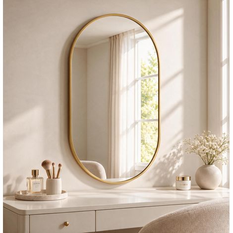Specchio da Parete Ovale 75x50 cm, Specchio per Bagno, Camera da Letto e Soggiorno, Telaio in Alluminio Rinforzato Infrangibile, Vetro Temperato, Oro (1/5)
