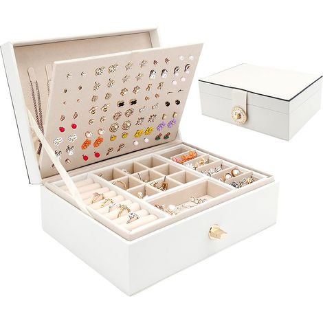 Boîte à Bijoux pour Femme, Boite à Bijoux 2 Couches, Coffret à Bijoux Femme, Boîte Rangement Bijoux avec Plateau Amovible pour Bagues, Boucles, d'Oreilles, Colliers, Bracelets(Blanc)