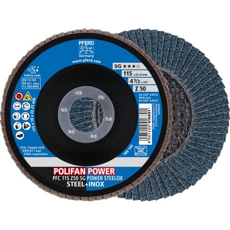 PFERD TOOLS POLIFAN POWER Fächerscheibe PFC 115x22,23 mm konisch Z50 Leistungslinie SG STEELOX für Stahl/Edelstahl 10 Stk