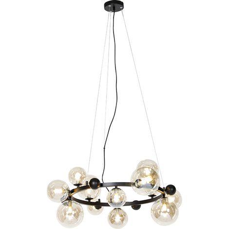 QAZQA Lampada a sospensione tavolo soggiorno david - Art déco - Acciaio,Vetro - Nero/Arancia - Tondo Max. 12 x Watt (1/4)