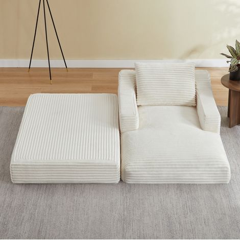 Sillón cama de pana acanalada blanca, 1 plaza, con espuma HAVRYA (1/5)
