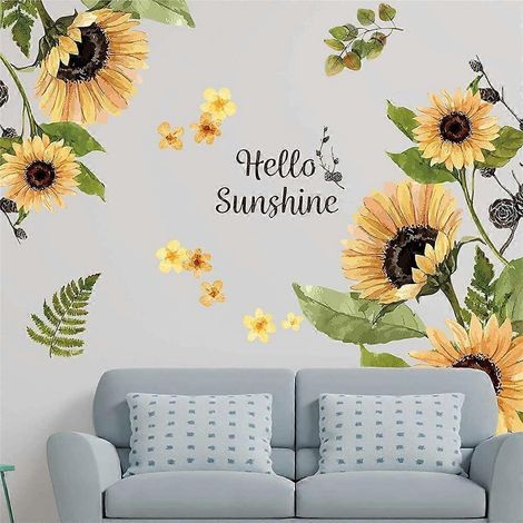 Stickers muraux tournesol, fleurs jaunes, décoration murale « Bonjour soleil », feuilles vertes, à faire soi-même, vinyle autocollant, plantes, art mural pour chambre ou salon. (1/5)