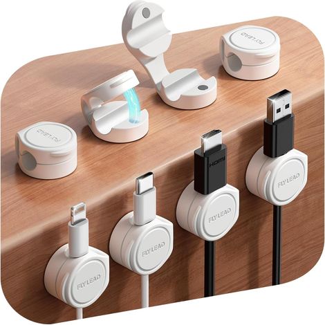 8 Pièces Clips Câble en Silicone Organisateur de Câbles Magnétique Auto-adhésif Support de Câbles pour Bureau, Table de Nuit, Câbles de Chargement, HDMI, USB, Audio, Blanc (1/5)
