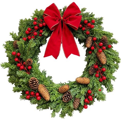 Guirlande De Noël - 50 Cm - Branches De Pin Feuilles Artificielles Baies Rouges Nœud En Velours Pour Porte Mur Extérieur Intérieur - 1 Pièce (1/4)