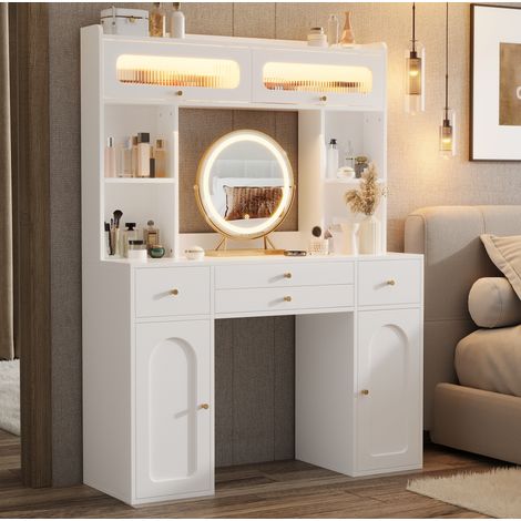 Toeletta con specchio LED 120x40x160 cm, 4 cassetti, vani aperti, ante in vetro, MDF, bambù e vetro, bianco (1/5)