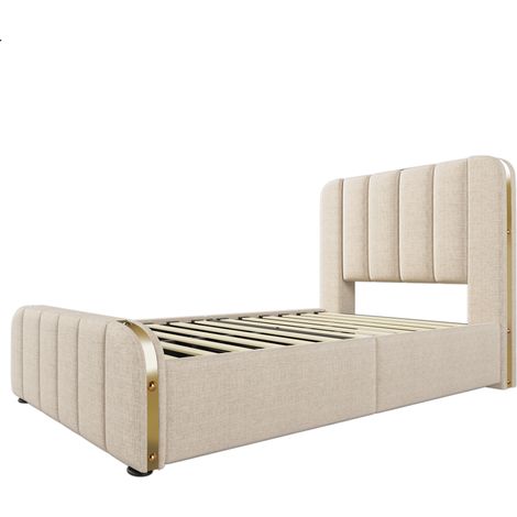 Letto singolo imbottito 90 x 200 cm beige in lino con 4 cassetti, testiera USB-C, rete a doghe (1/5)