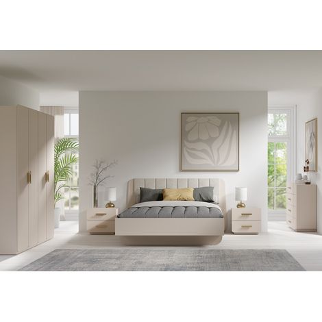 Chambre complète AMALIE beige – Lit coffre 180x200 cm, armoire, commode, 2 chevets et étagères (1/5)