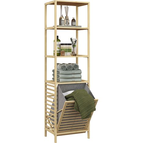 Meuble de rangement pour salle de bain avec 3 étagères et 1 panier à linge amovible, 44 x 33 x 160 cm, naturel (1/5)