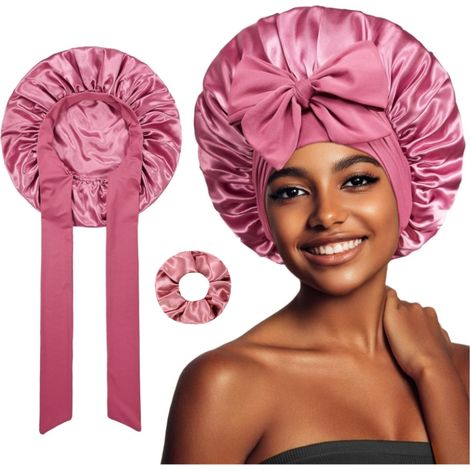Bonnet de satin avec lien de serrage, bonnet de nuit double couche soyeux pour cheveux bouclés et nattes (1/4)