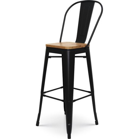 Sgabello da bar in metallo nero opaco in stile industriale con schienale alto e seduta in legno chiaro - Altezza 76 cm