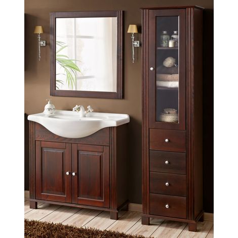 Badmöbel Set inkl. 85 cm Keramik-Waschbecken AVEIRO-56, im Landhausstil, Pinie Massivholz braun, B/H/T ca. 161/180/49 cm (1/5)
