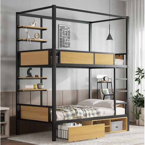 Lit mezzanine métal et MDF noir et naturel 90x200 cm avec étagères latérales et rangement (1/5)