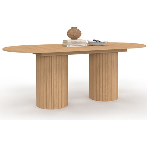 Table à manger extensible ovale JULIETTE 6-10 personnes pieds cylindriques effet lattes 160-200 cm (1/5)