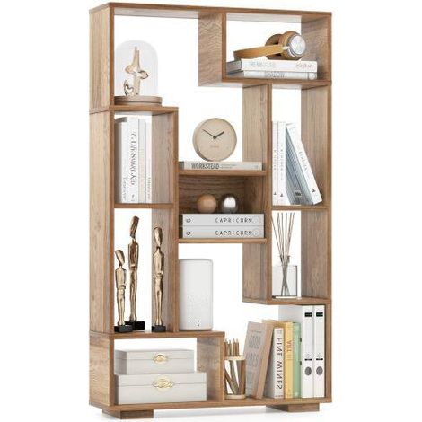 Bibliothèque 120 cm en bois naturel avec 11 étagères et 2 kits anti-basculement pour salon, bureau et chambre (1/5)