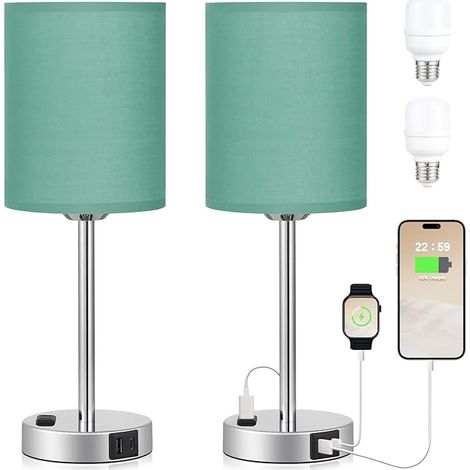 Touch Lampes pour chambres à coucher Set de 2 vert - 3 voies Dimmable lampe de chevet avec ports et prises USB C et A, lampe de table de chevet moderne avec abat-jour en lin et base argentée, petites (1/5)