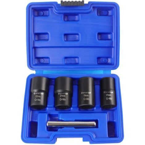 Juego de llaves extractoras de tornillos, juego de 5 llaves de vaso helicoidales para quitar tuercas de rueda (17 mm, 19 mm, 21 mm y 22 mm) (1/5)