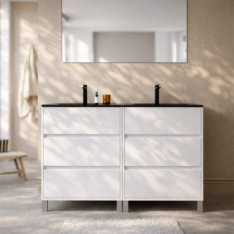 meuble de salle de bains 120cm blanc 6 tiroirs et vasque double céramique noire - xenos