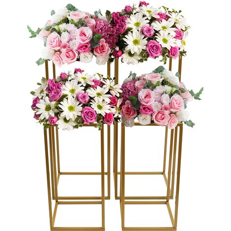 4 Pièces Centre de Table Vase, Support de Fleur en Métal, Rectangulaire Colonne, Doré Présentoir, pour Mariage, Fêtes, Maison (40cm + 60cm Hauteur) (1/5)