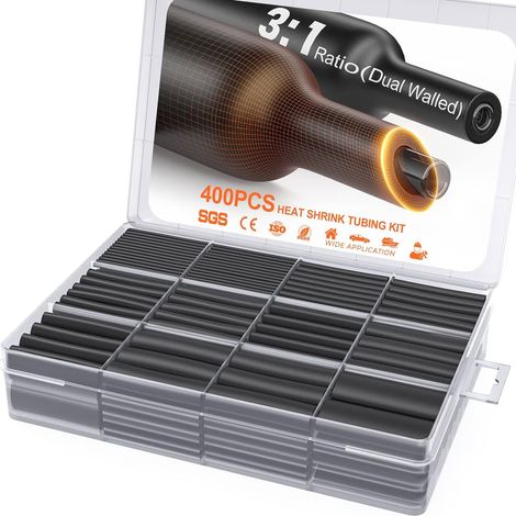 Sleeve Rétractable En Polymère - Rapport De Rétraction 3:1 - Étanche À Double Paroi Avec Colle - Noir - Pour Isolation Électrique Et Raccordement De Câbles - 400 Pièces (1/5)
