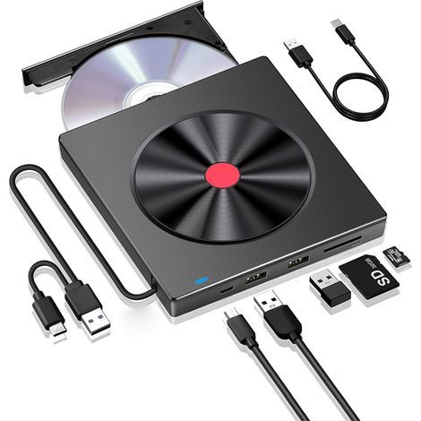 Graveur CD/DVD externe, lecteur CD/DVD externe USB 3.0 et Type-C, lecteur de carte SD TF, lecteur de disquette externe pour PC/ordinateur portable/de bureau/Windows 11/10/8 (1/5)