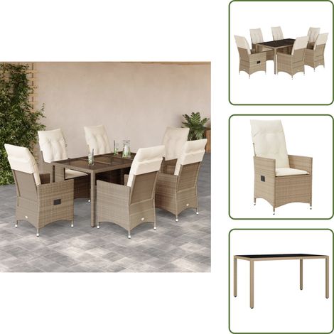 7-tlg. Garten-Essgruppe mit Kissen Beige Poly Rattan - Gartengestelle - Gartenmöbelset - Outdoor Möbel - Esstisch Set - Lounge Gruppe (1/5)