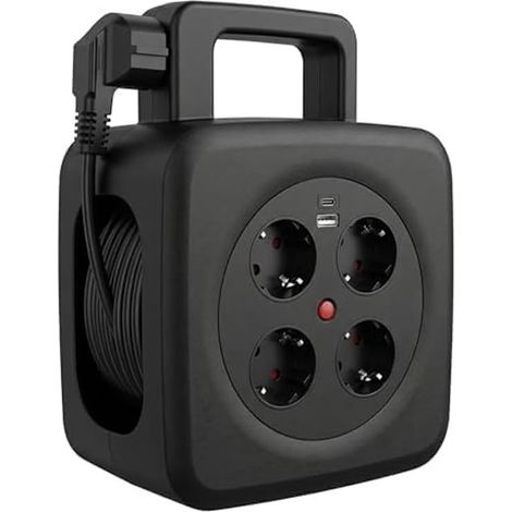 Enrouleur de câble 15 m avec USB 20 W, interrupteur thermique 4 prises Schuko - Manivelle pliable pour la maison et le camping - Enrouleur de câble 16 A (1/5)