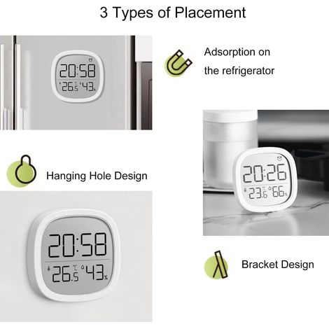 Reloj despertador digital LCD magnético con termómetro, fecha, temperatura y humedad, apto para montaje en pared. Formato de 12/24 horas. Ideal para el hogar, la cocina y la oficina (blanco). (1/4)