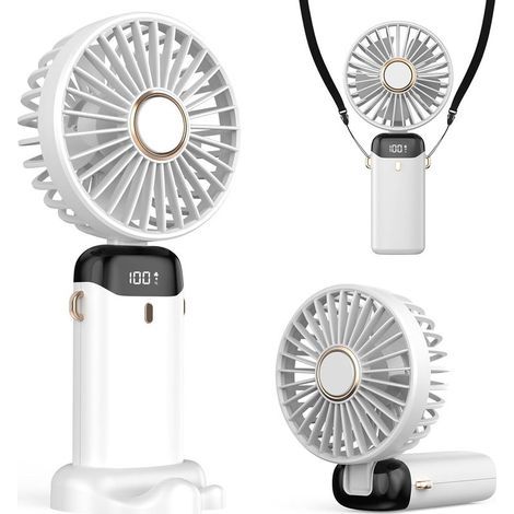 Tragbarer Ventilator mit LED-Anzeige, 3-in-1 Hand-/Nacken-/Tischventilator, faltbar und um 90° neigbar, ideal für Sommer, Büro, Schlafzimmer, Reisen, Geschenk für Erwachsene und Kinder (Weiß) (1/5)