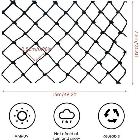 Filet Anti Oiseaux 7.5 x 15 m, Filet Protection Oiseaux, Jardin Filet Arbre Fruitier avec 10 Pcs Piquets de Jardin et 30 Pcs Attaches de Cable pour Plante, Arbre, Fruit, Légume, étang - Noir (1/5)