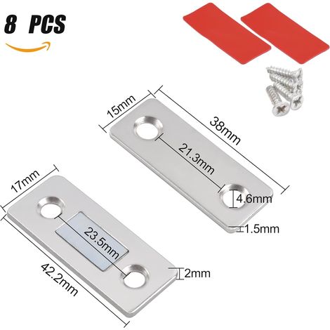 Confezione da 8 magneti per porte, autoadesivi, magneti piatti, magneti argentati, chiudiporta, magneti per mobili, apriporta, chiusura magnetica, magneti rettangolari, magneti per porte per cassetti, (1/4)
