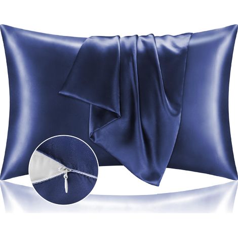 Taie d'oreiller satin soie 2 pièces, fermeture éclair invisible, bleu marine, format queen, lot de 2, ultra doux et rafraîchissant, avec rabat enveloppe, 50x75 cm. (1/5)