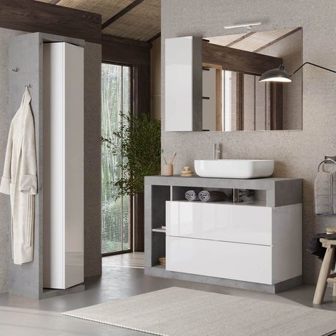 Ensemble meuble vasque 110cm + colonne pivotante blanc et aspect béton - ARTURO (1/5)