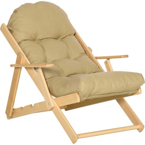 Fauteuil Chaise de Salon Pliable et inclinable en Bois Fauteuil Relax Confortable avec Coussin capitonné épais - 71 x 89 x 96 cm marron clair