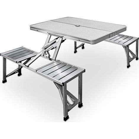 Table de pique-nique pliante – Aluminium – Avec fonction valise – Trou pour parasol – Set 4 places – Idéale pour camping, jardin et pique-nique (1/5)