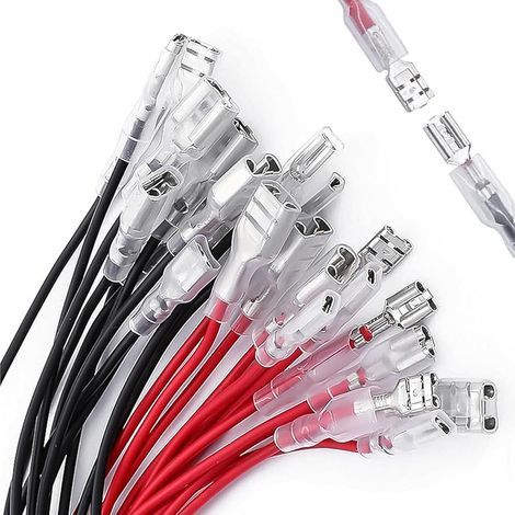 20pièces Borne à Sertir Femelle 6.3mm avec Manchon Isolant et Fil 16AWG de 15cm de Longueur Rouge + Noir kit d'assortiment D'épissure Rapide Femelle (1/4)