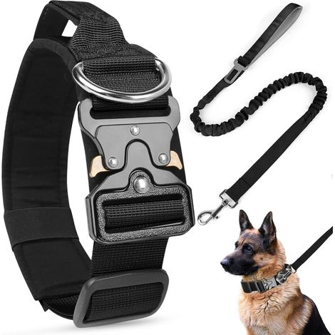 CCYKXAColliers et Laisse pour Chiens Tactique avec Poignée de Commande, Collier Chien Rembourré Large Réglable en Nylon pour Chiens (Noir + Laisse Noire, M) (1/5)