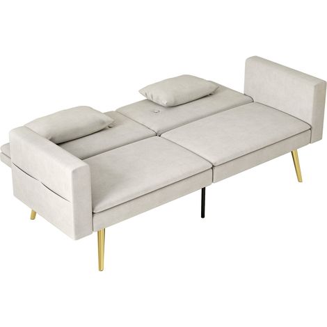 Schlafsofa, Schlafcouch mit Verstellbar Rückenlehne, Seitentasche, Gepolstert 2er-Sofa mit Schlaffunktion, Kissen, für Wohnzimmer, Schlafzimmer, Beige