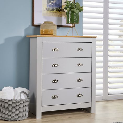 Chest 4 Drawers Bedroom Furniture Grey Oak Top Metal Cup Handles Wood Nightstand