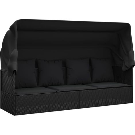 Divano da esterno con baldacchino e cuscini 203 x 58 x 56 cm resina intrecciata nera 020012023
