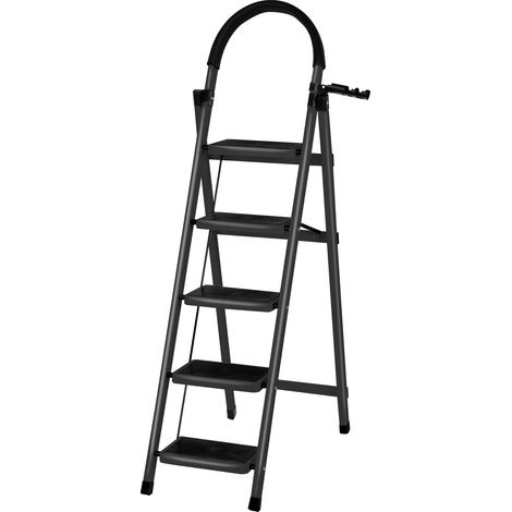 Sgabello pieghevole con scala a 5 gradini, in acciaio al carbonio, 152x87x39 cm, nero
