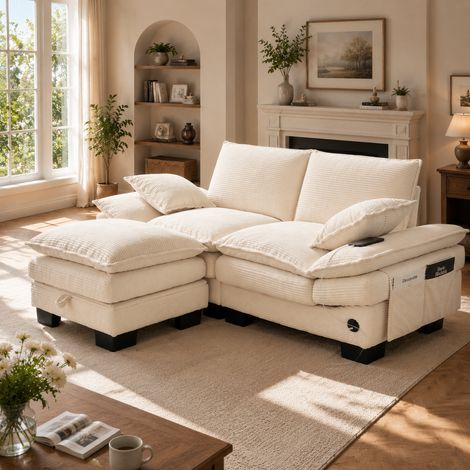 Canapé modulaire 2 places beige, velours côtelé avec pouf, assise large ergonomique, mousse haute densité, ports USB-C et poches latérales. Parfait pour salon, bureau ou lounge.