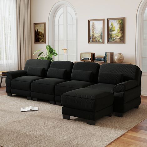 Pour Famille Agencement Flexible Canapé d'Angle 4 Places avec Pouf en Velours Côtelé Noir Robuste 336cm (1/5)
