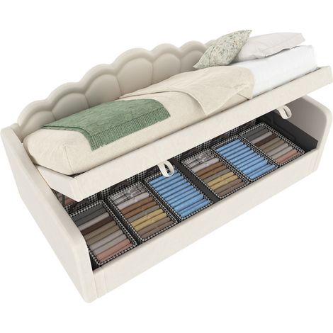 Lit avec rangement 90x200 cm en velours beige, coffre hydraulique et LED multicolore, sommier inclus (1/5)