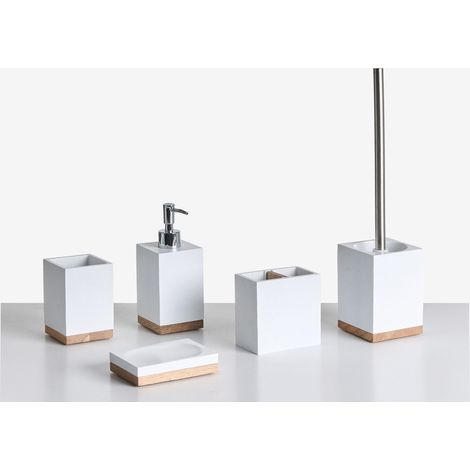 Set di 5 accessori da bagno con portasapone, dispenser, scopino, bicchiere e portaspazzolini bianco TAPICHE