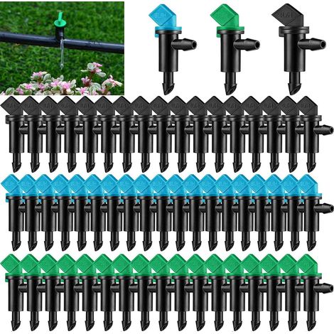 60 goteros de riego: 3 tamaños de goteros con forma de bandera, adecuados para césped, árboles, arbustos y jardines (4 L/H negros, 8 L/H azules, 16 L/H verdes). (1/5)