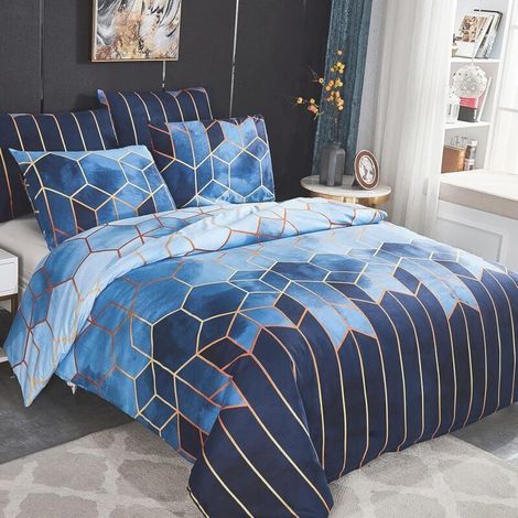 Housse de couette 220x240 cm avec 2 taies 65x65 cm – Microfibre brossée – Design géométrique bleu – Lavable en machine à 30°C (1/5)
