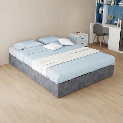 Lit moderne 140x200 cm en velours gris, structure métal et bois, tête de lit haute, avec espace de rangement (1/5)